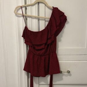 Maeve Burgundy One-Shoulder Ruffle Blouse